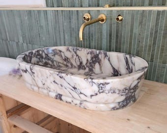 Hand Carved Calacatta Viola Marble Sink, Oval Vessel Sink