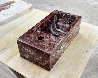 Rosso Levanto Corner Wall Mount Sink, Red Marble Sink, Small Bathroom Washbasin, Stone Sink with Faucet Hole