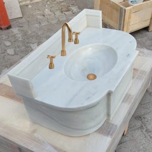 Classical formed polished Carrara white marble wall mount sink with backsplash, rustic bathroom 32 inch white and light gray color floating