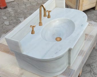 Classical formed polished Carrara white marble wall mount sink with backsplash, rustic bathroom 32 inch white and light gray color floating