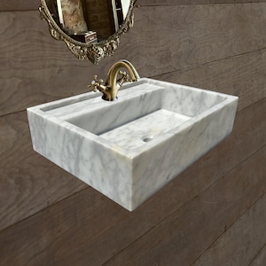 Calacatta Marble Wall Mount Sink, White Marble Sink with Faucet Holes, Kitchen Sink, Bathroom Sink
