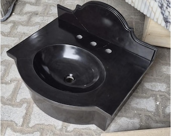 Black Marble Wall Mount Sink - READY TO SHIP - Nero Marquina Washbasin with Backsplash - Classical Bathroom Floating Vanity