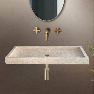 Travertine Wall Mount Sink - Large Marble Washbasin - Custom Beige Marble Sink For Rustic Bathroom Decor