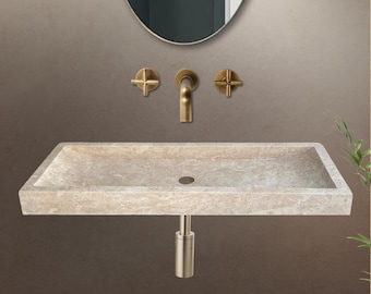 Hand Carved Travertine Wall Mount Sink – Large Beige Marble Washbasin
