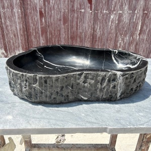 Chiseled Nero Marquina Vessel Sink for Rustic Bathroom Vanity Top, Amorphous Formed Black Marble Sink With Strainer Cover