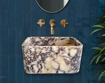 Calacatta Viola Wall Mount Sink - 18 inch Marble Floating Vanity For Bathroom - Hand Carved Stone Rectangular Washbasin