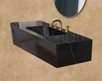 Nero Marquina Black Marble Wall Mount Sink - 36 inch, Right Corner