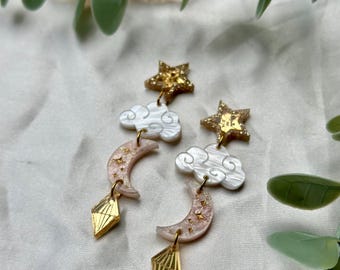 Celestial moon and star earrings. Dangly earrings.