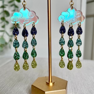 Sunburst, rain clouds, rainbow raindrop dangly earrings