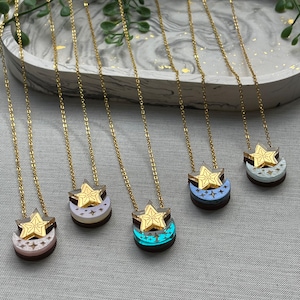 Moon and stars necklace, celestial pendant, laser engraved sun and moon pendant, moon necklace, celestial necklace, ethereal jewellery.