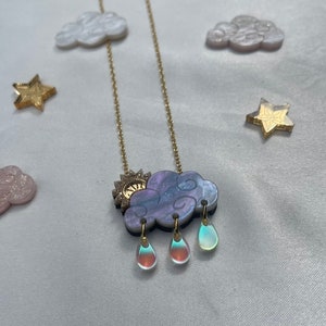 Pearlized Raincloud Necklace: Gold Sunbeam & Iridescent Raindrops
