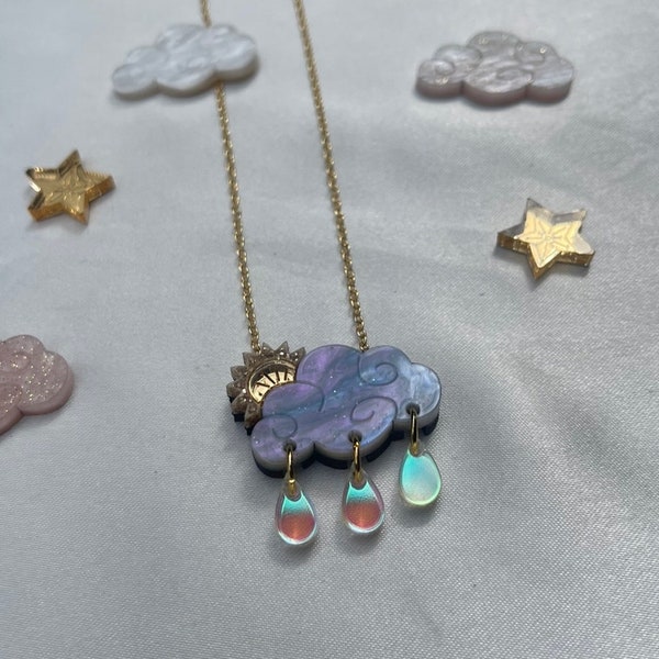 Pearlized Raincloud Necklace: Gold Sunbeam & Iridescent Raindrops, cloud pendant with raindrops