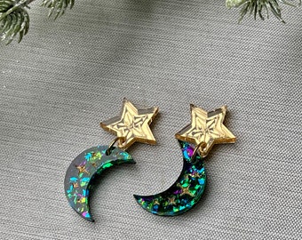 Starburst earrings, glittery festive earrings, Christmas glitter earrings. celestial star earrings.