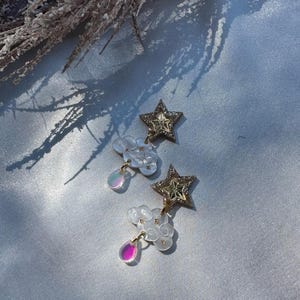 Celestial Dangle Earrings: Star, Cloud & Iridescent Raindrop