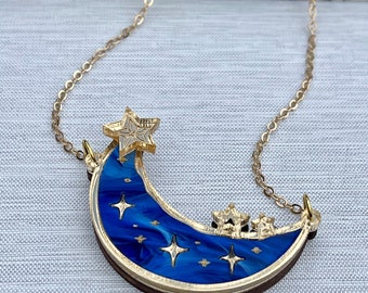 Luna, celestial moon and stars Necklace, laser cut moon and stars pendant, celestial jewellery, moon necklace.