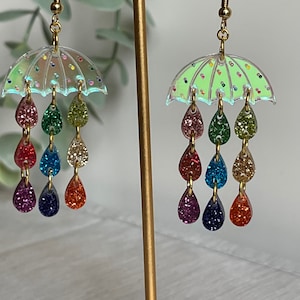 Rainy day earrings, umbrella earrings, rainbow raindrops