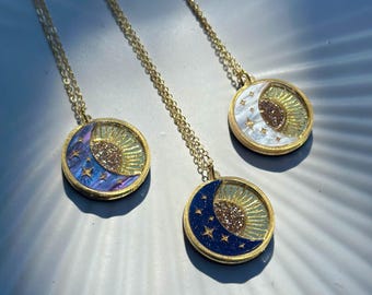 Celestial Skies Pendant: Dreamy Sun & Moon Necklace, luxury acrylic layering necklace
