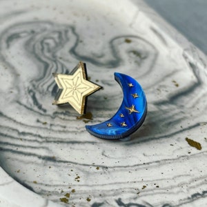 Celestial earrings, moon and stars earrings, laser cut moon earrings, handmade moon and star studs.