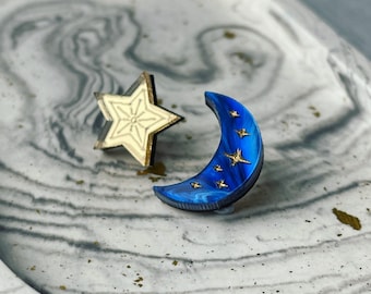 Celestial earrings, moon and stars earrings, laser cut moon earrings, handmade moon and star studs.