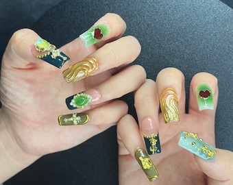 Unghie finte Green Royal, Nail Art 3D Cromata, Fatte a Mano