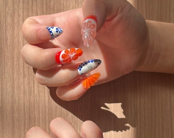 Handmade 3D Fruit Press On Nails, Reusable Grapefruit Design, Custom Nail Art