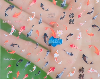 Koi Fish Nail Stickers, Lucky Charm Nail Art Decals, Manicure Sticker (10.3cmx8cm)