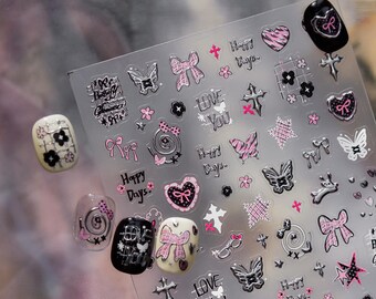 Pink Black Butterfly Nail Stickers, Coquette Bow Heart Star Nail Decals, Cute Love Happy Days 3D Nail Art for Girly DIY Manicure