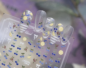 Blueberry / Lemon Fruit Nail Art Stickers, Floral Lace Decals for Phone Cases, Glass Jars & Face Body Art | Summer DIY Manicure Transfers