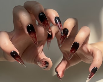 Bat Halloween Handmade Blood Swirl Press On Nails,Fake Nails,Stiletto Nails,Reusable Salon Nails,Goth Halloween Nails