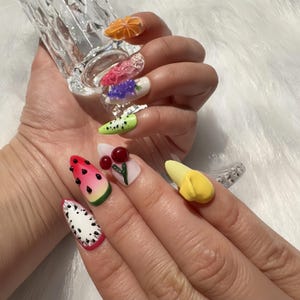 3D Colorful Fruit Lover Press On Nails, Summer Holiday Fake Nails, Fresh Look False Nails for Holiday Birhday , Gift for Her