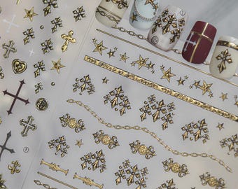 Gothic Cross and Chain Nail Art Stickers, Medieval Motif Fleur de Lis Gold Silver Metal Decals for Edgy Manicure and Dark DIY Projects