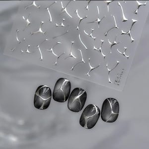 May include: Silver nail art stickers and five manicured nails. The nails are painted dark grey with silver abstract designs. The stickers feature various silver, abstract shapes. The background is a light grey colour.