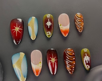 Presse amande graffiti fait main sur les ongles, faux ongles en gel acrylique