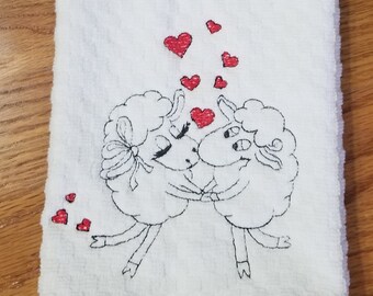 Two Ewes Kissing Valentine's Day Kitchen Towel Farm