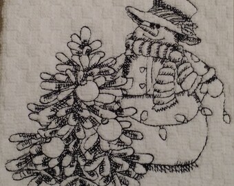 Christmas Snowman with Tree Embroidered Kitchen Towel