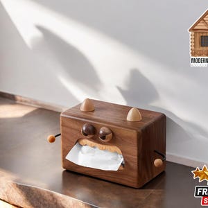 Taschentücherbox aus Holz | Süßer Monster Serviettenhalter | Walnuss Tisch Organizer | Rustikale Wohnkultur | Küche Badezimmer Spender