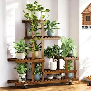 Rolling Blumenständer aus Holz | Multi-Tier Display Regal mit Rollen | Indoor Outdoor Pflanzenregal | Platzsparende Aufbewahrungsbox