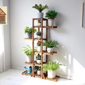 Blumenständer 6-stöckig aus Holz | Indoor Greenery Display Rack | Multi-Level Blumenregal-Halter | Großer Gartentopf Organizer | Terrasse Decor Sitzbank