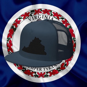 May include: A blue and black trucker hat with a mesh back. The hat features an outline of the state of Virginia in black on the front. The hat is sitting on top of a white circle with the words "Virginia" and "Sic Semper Tyrannis" in red.