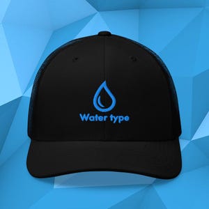 Water type hat anime inspired video game snapback element embroidered manga text graphic truckercap