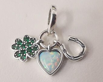 Pandora Four Leaf Clover, Heart and Horseshoe Triple Dangle Charm