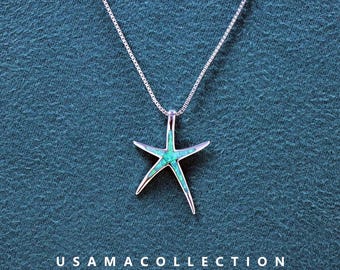 S925 Sterling Silver Blue Opal Starfish Necklace Sea Theme Necklace Starfish Jewelry October Birthstone Necklace Gemstone Necklace Sea Star