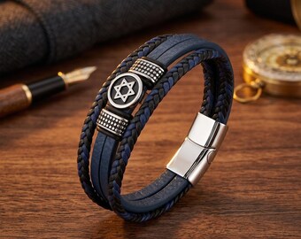 To My Son Silver Star of David Multi-Layer Blue Leather Bracelet Casual Braided Engraved Gift for Him