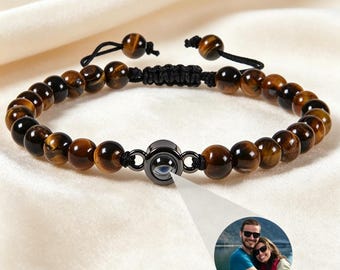 Custom Photo Projection Tiger's Eye Bracelet – Personalized Natural Stone Beaded Wristband