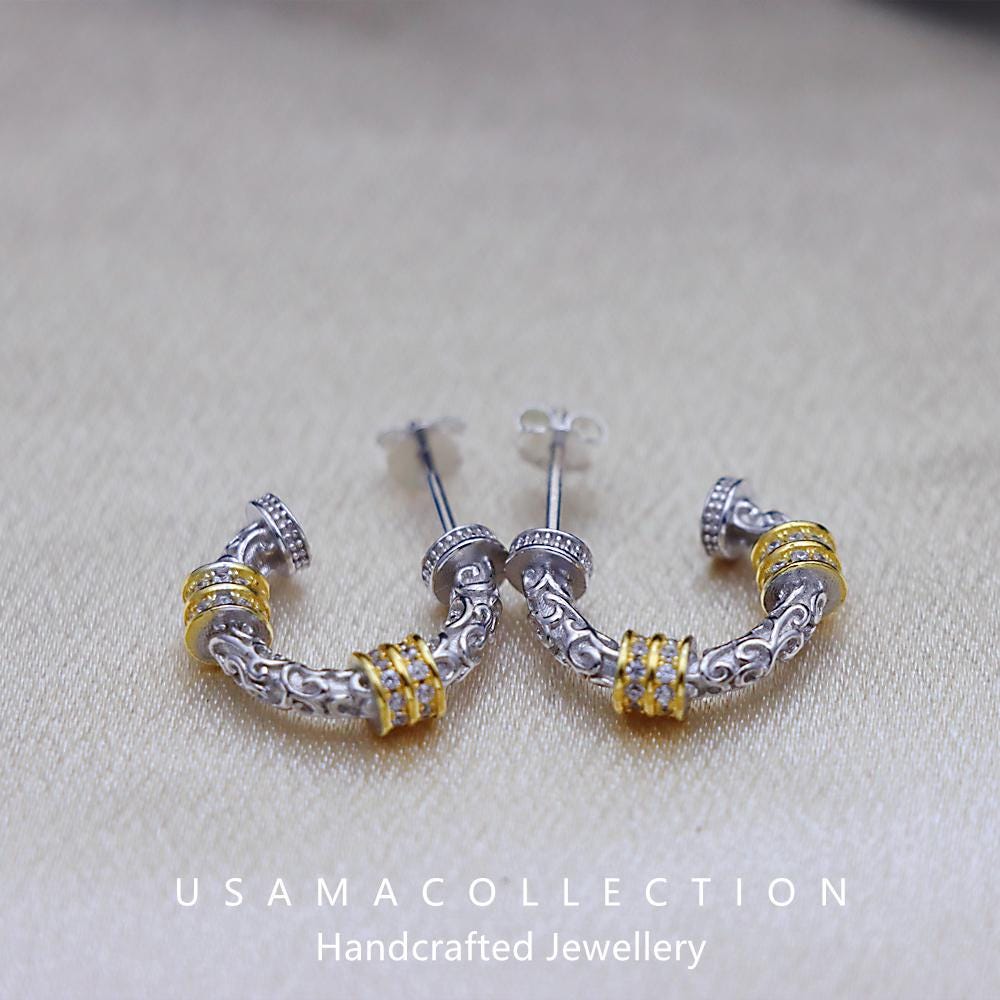 S925 Sterling Silver Hip-hop Stud Earrings With Patterned
