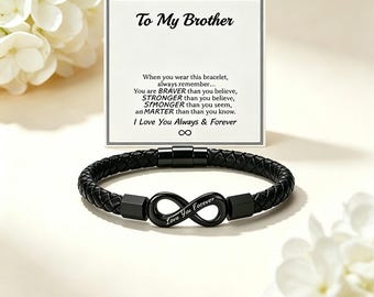 To My Brother Bracelet Personalized Infinity Leather Band Custom Engraved Gift for Him Magnetic Clasp Mens Wristband Sibling Birthday