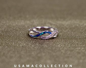 S925 Sterling Silver Infinity Blue Opal Ring, Promise Ring with Diamond Simulants, Modern Twist Ring, Blue Opal Sterling Silver Ring