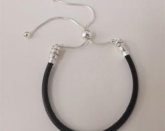 Pulsera Pandora ajustable deslizante de cuero negro de ley