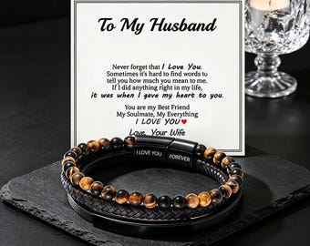 To My Husband Tiger Eye Beaded Bracelet - Custom Engraved Card Men's Bracelet