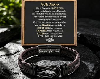 To My Nephew Custom Engraved Bracelet Black Leather Braided Magnetic Knot Mens Gift